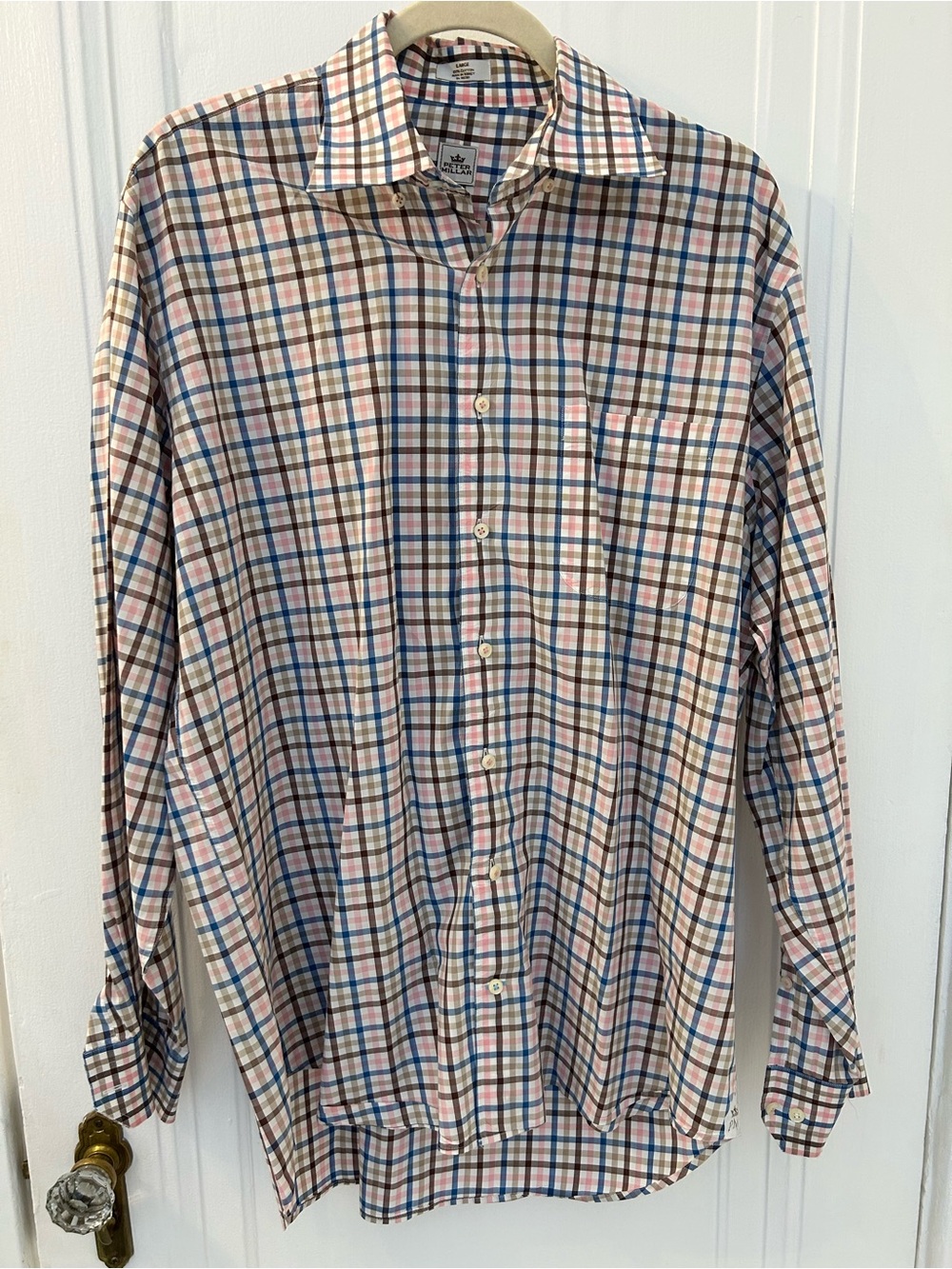 Peter Millar Pink Blue Plaid Long-Sleeve Dress Shirt
